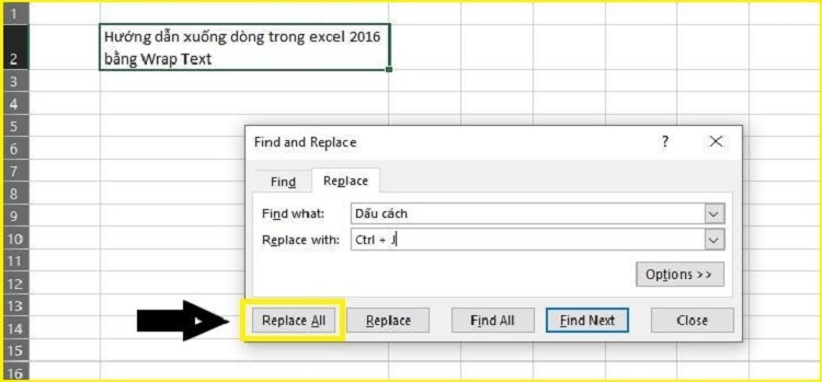 lệnh xuống dòng trong excel