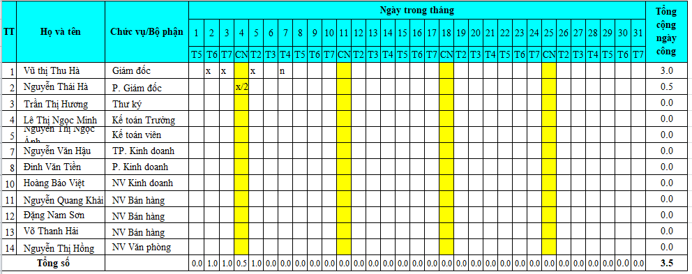 bảng chấm công excel