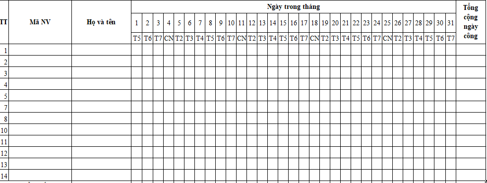 bảng chấm công excel