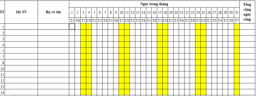 bảng chấm công excel