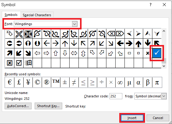 dấu tick trong word