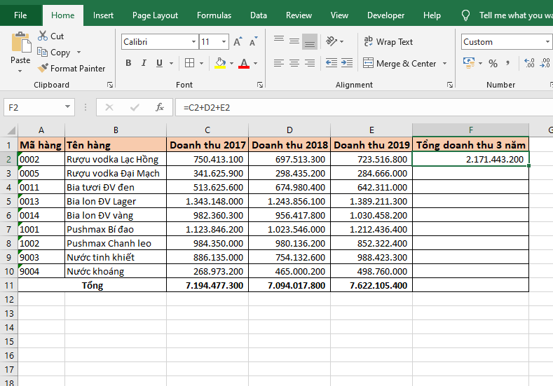 cách tính tổng hàng ngang trong excel