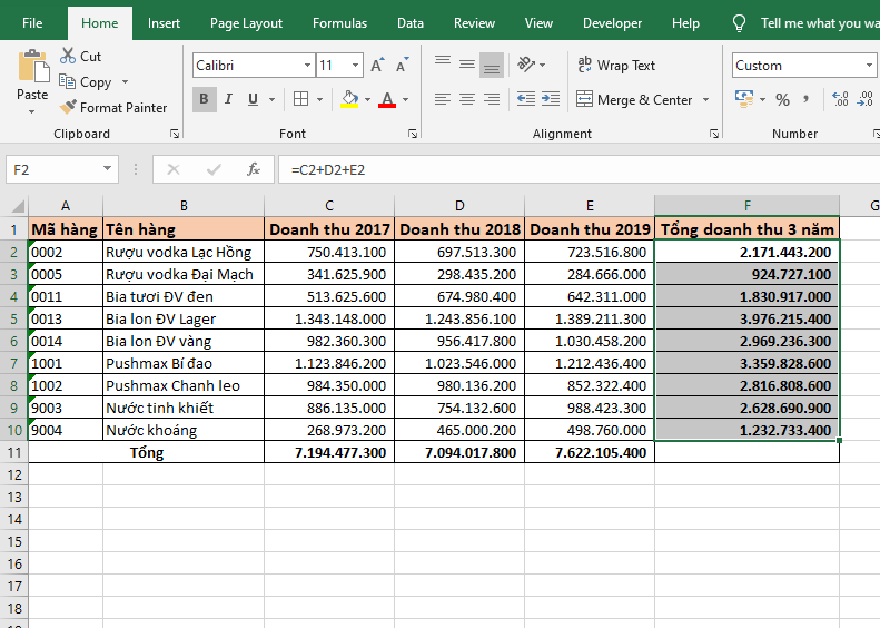 cách tính tổng hàng ngang trong excel