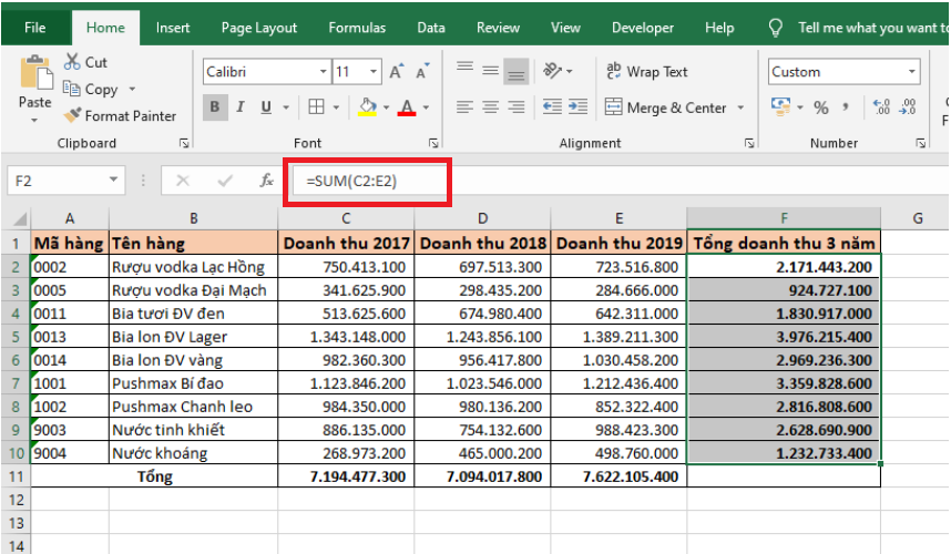 cách tính tổng hàng ngang trong excel