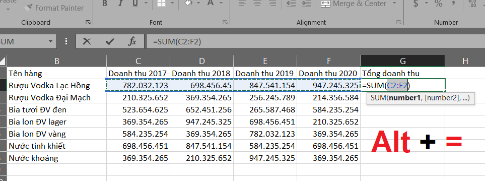 cách tính tổng hàng ngang trong excel