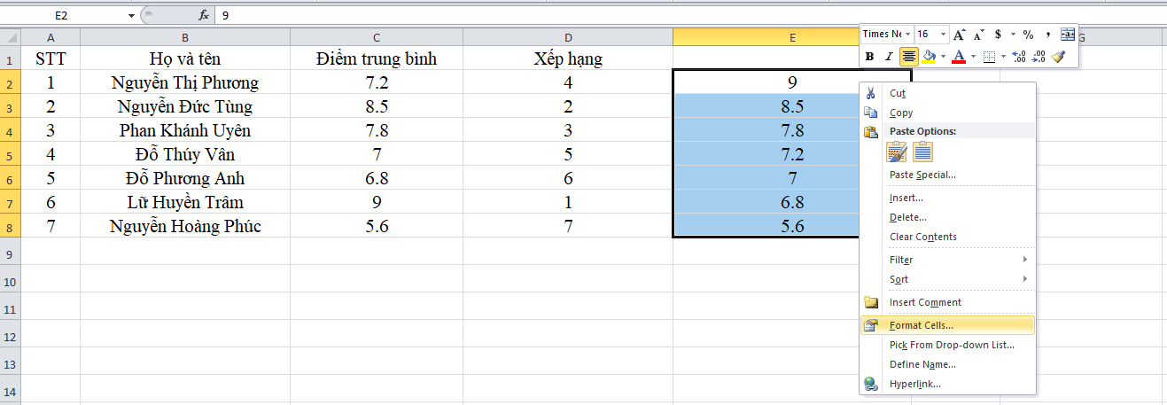 ẩn cột trong excel