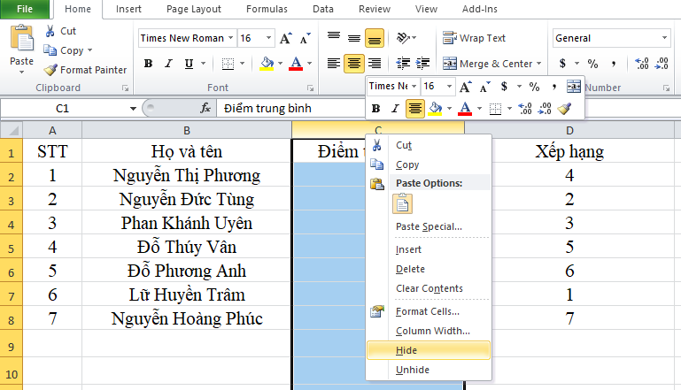 ẩn cột trong excel