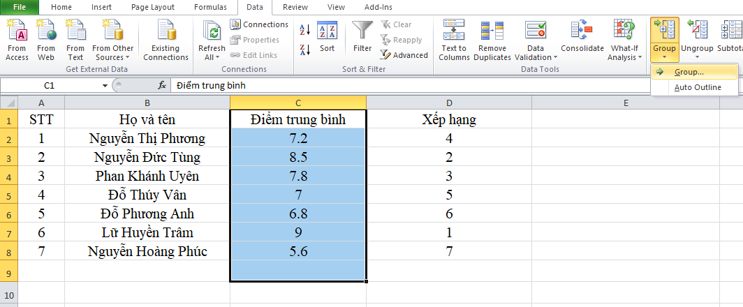 ẩn cột trong excel