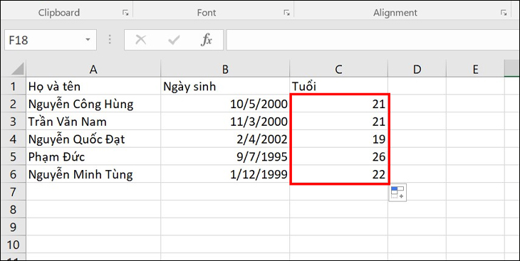 cách tính tuổi trong excel