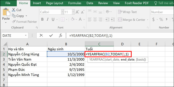 cách tính tuổi trong excel