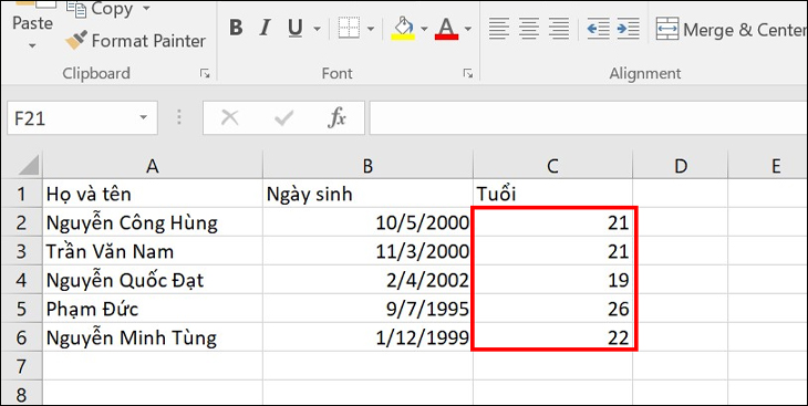 cách tính tuổi trong excel