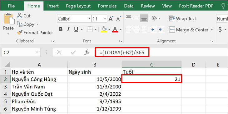 cách tính tuổi trong excel