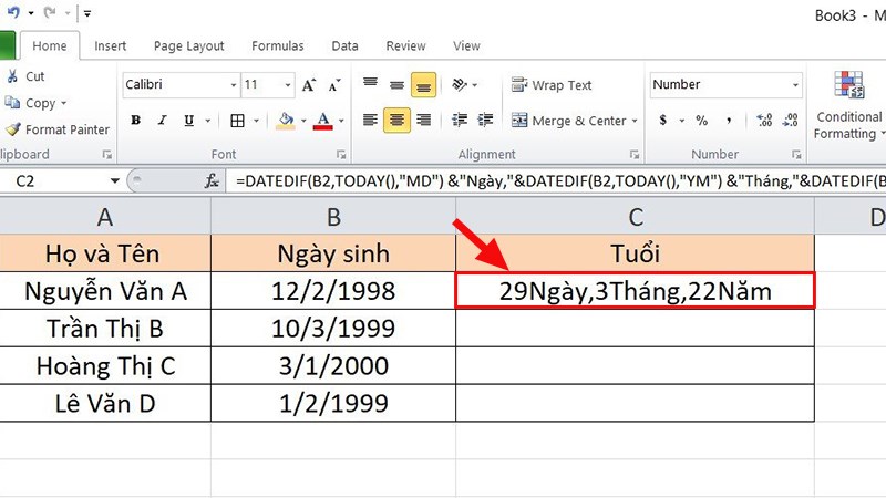 cách tính tuổi trong excel