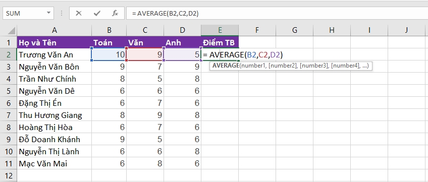 các hàm thông dụng trong excel