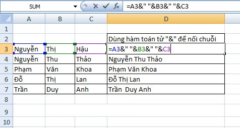 nối chuỗi trong excel