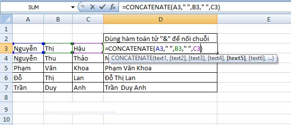 nối chuỗi trong excel