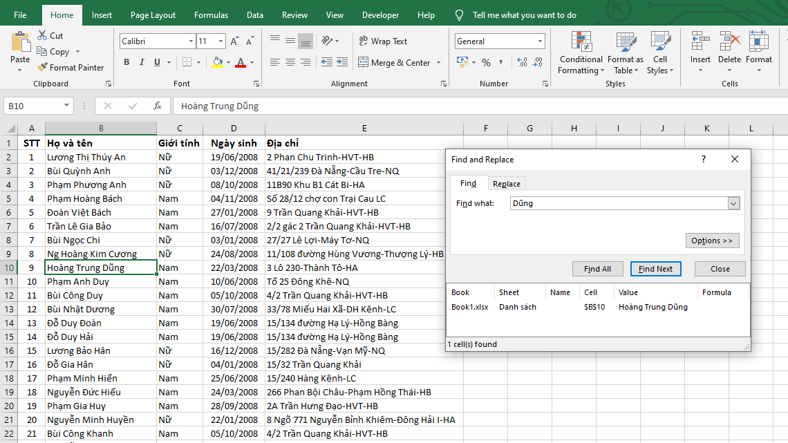 hàm tìm kiếm tên trong excel