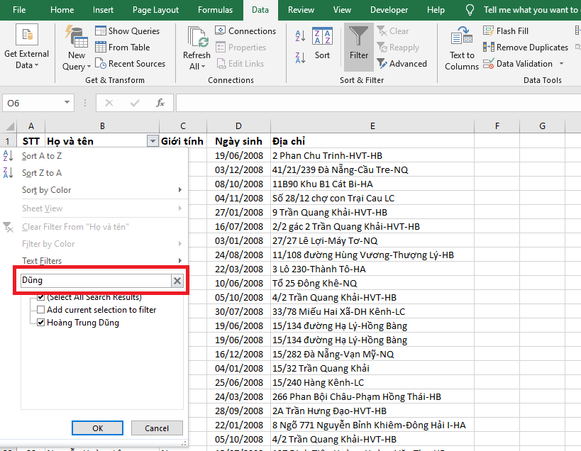 hàm tìm kiếm tên trong excel