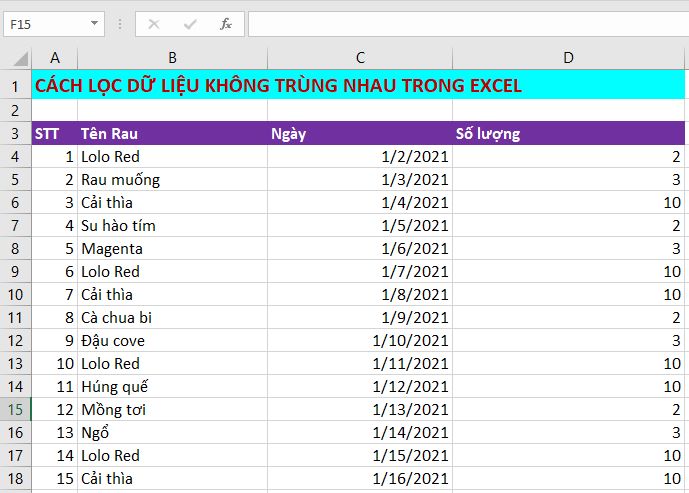 lọc dữ liệu không trùng nhau trong excel