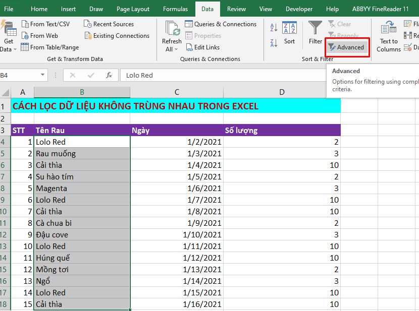 lọc dữ liệu không trùng nhau trong excel