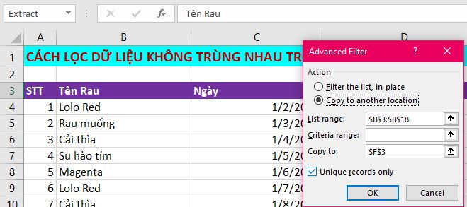 lọc dữ liệu không trùng nhau trong excel