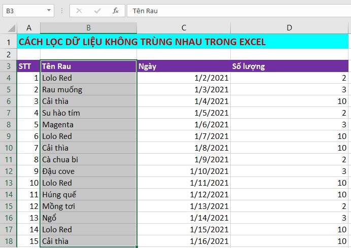 lọc dữ liệu không trùng nhau trong excel