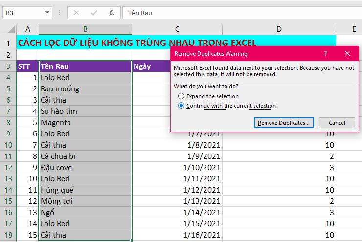 lọc dữ liệu không trùng nhau trong excel