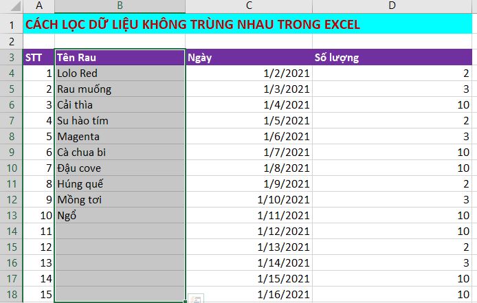 lọc dữ liệu không trùng nhau trong excel