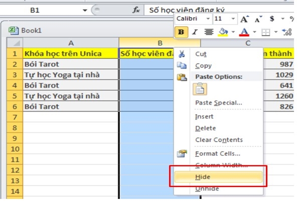 ẩn dòng trong excel