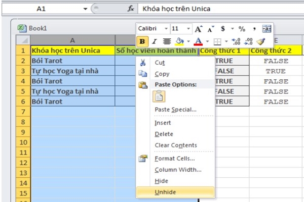 ẩn dòng trong excel