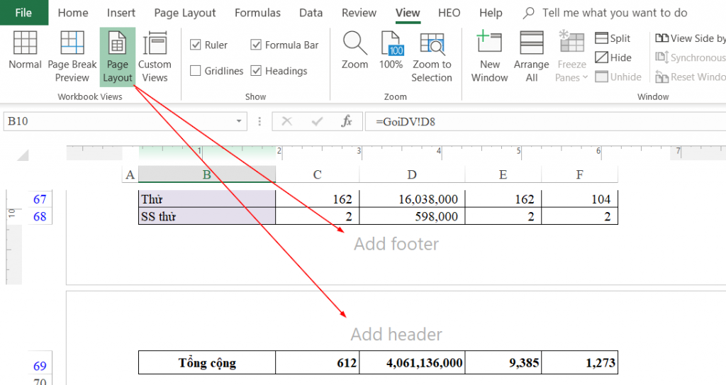 đánh số trang excel