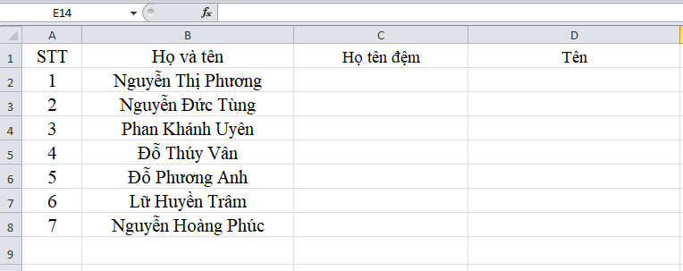 cắt tên trong excel