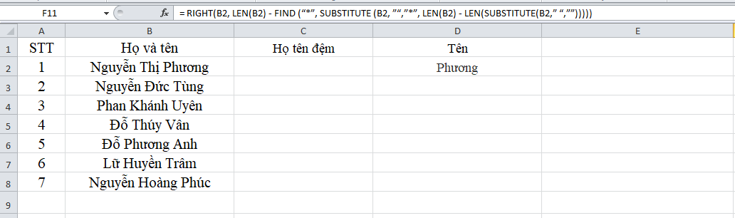 cắt tên trong excel