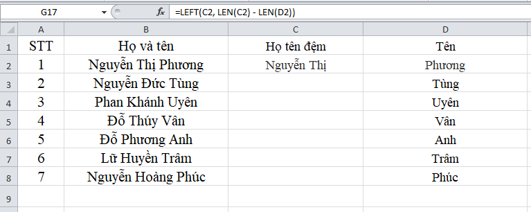 cắt tên trong excel