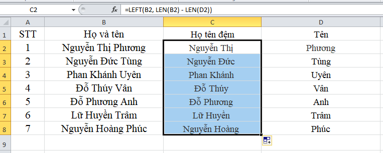 cắt tên trong excel