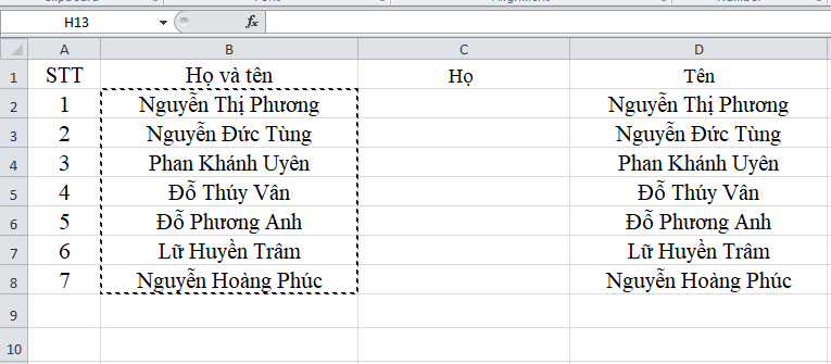 cắt tên trong excel