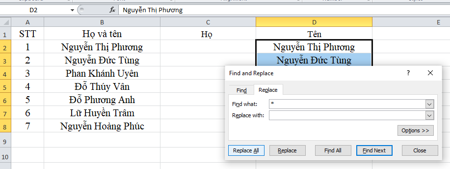 cắt tên trong excel