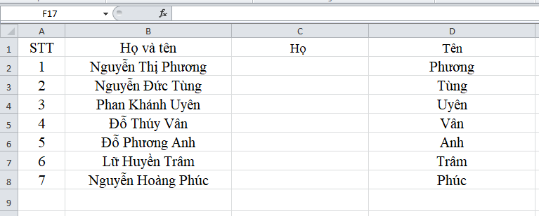 cắt tên trong excel