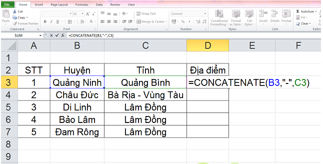 hàm ghép 2 cột trong excel