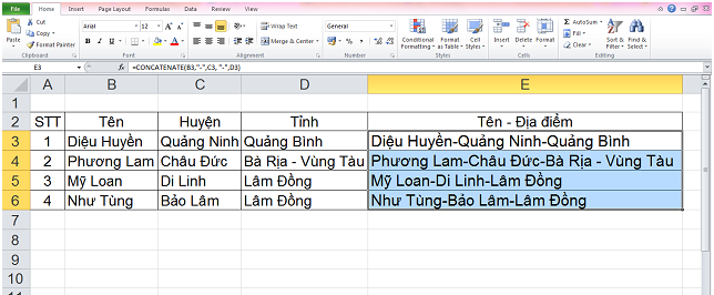 hàm ghép 2 cột trong excel