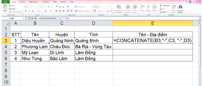 hàm ghép 2 cột trong excel