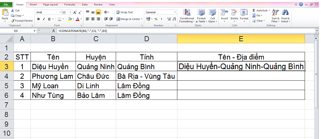 hàm ghép 2 cột trong excel