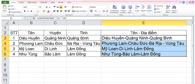 hàm ghép 2 cột trong excel