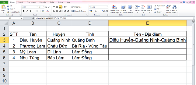 hàm ghép 2 cột trong excel