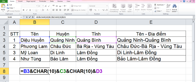 hàm ghép 2 cột trong excel