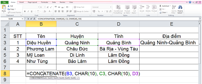 hàm ghép 2 cột trong excel