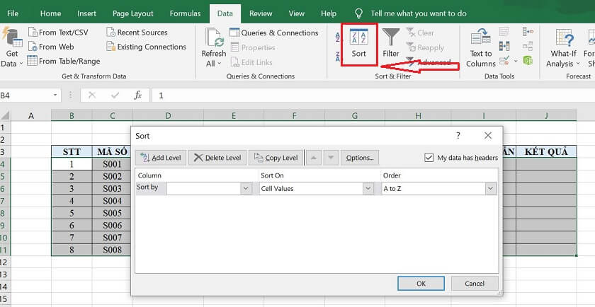 sắp xếp thứ tự trong excel