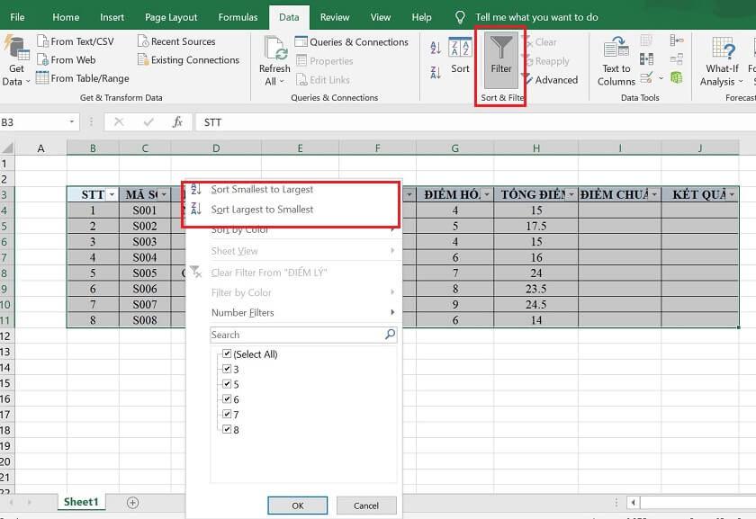 sắp xếp thứ tự trong excel