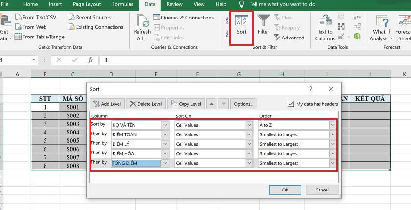 sắp xếp thứ tự trong excel