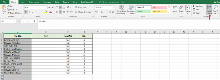 sắp xếp thứ tự trong excel